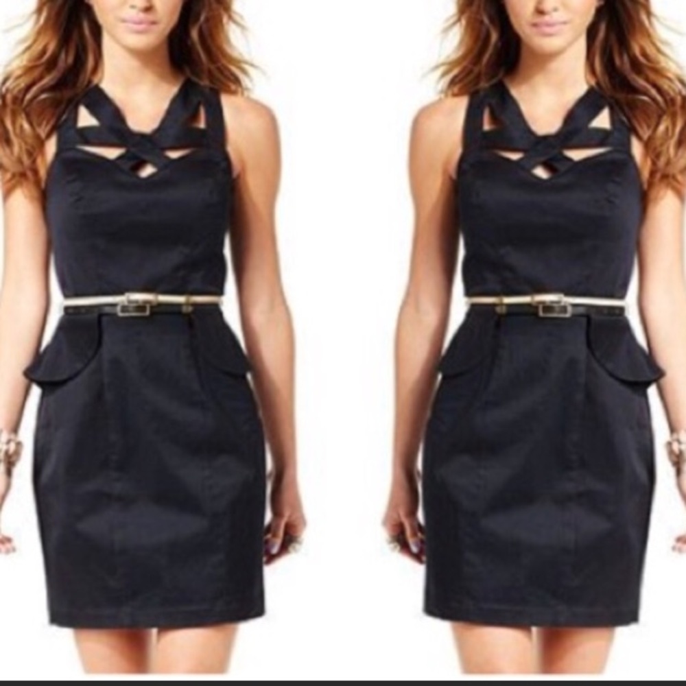 NWOT - XOXO Dark Blue Peplum Waist Career Dress - Picture 2 of 9